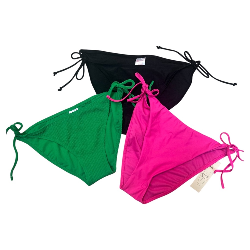 (3) NO BOUNDARIES String Tie Bikini Bottoms Pink, Textured Green, Black. L. NWT